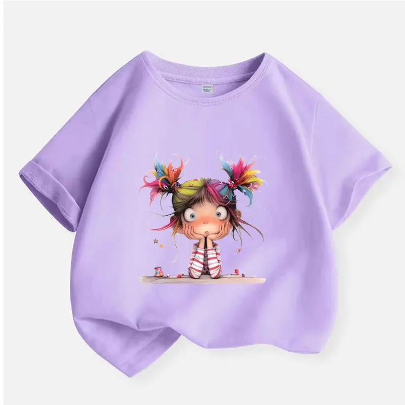 2025 New Summer Kids Girl Thinking T-shirt Purple Print Girls Tshirt Children Short Sleeve T Shirt Fashion Cotton Tee Clothes