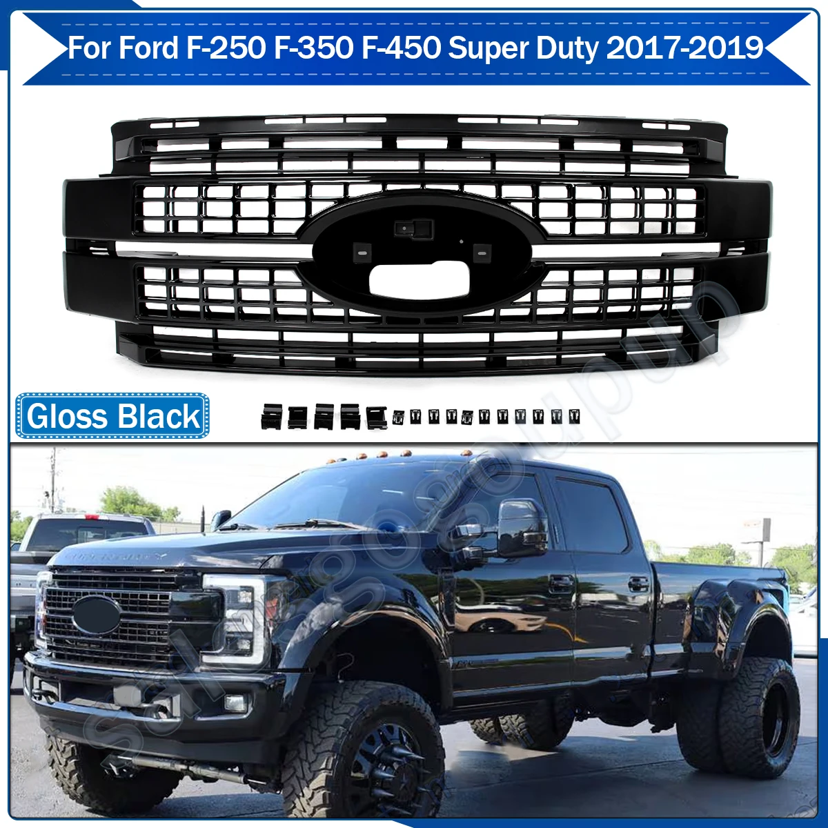 For 2017-2019 Super Duty F250 F350 Ford Platinum Bumper Gloss Black Grille Grill