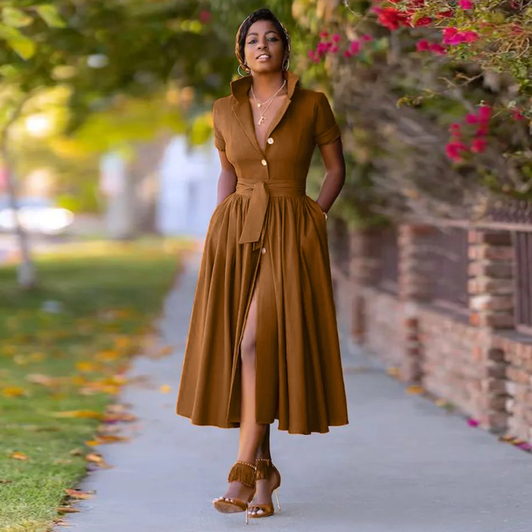 Primavera outono feminino manga longa único botão cinto cintura alta a linha midi vestido elegante escritório senhoras vestido de festa de aniversário