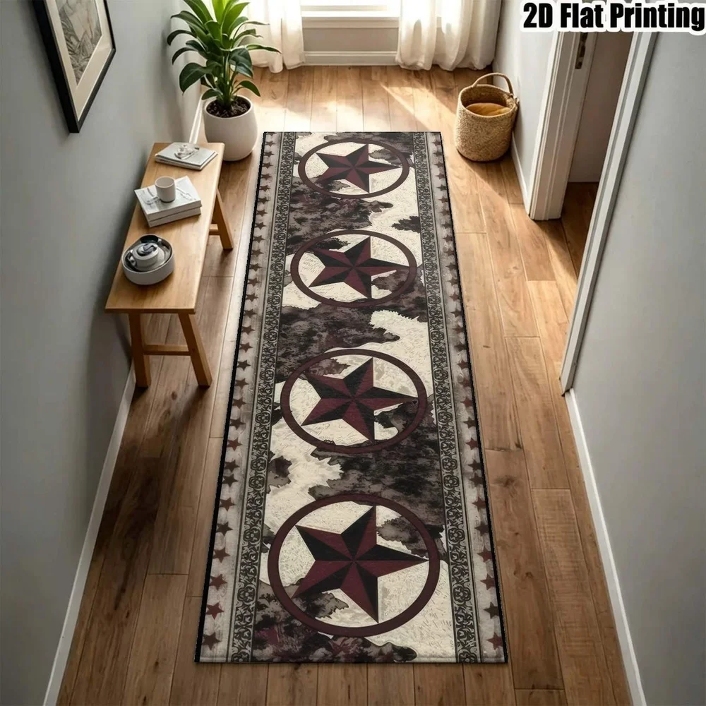 1Pc American Country Five Pointed Star Pattern Printed Long Carpet, Retro Vintage Denim Style Corridor Carpet, Suitable for Kitchen, Bedroom, Foyer, Balcony, Entrance, Bedside, Retro Country Style Home Soft Decoration