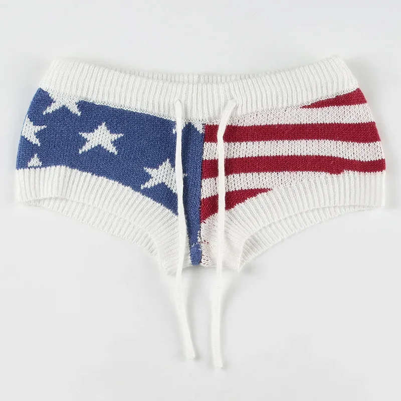 섹시한 로우 허리 스타 줄무늬 대비 색 니트 모직 반바지 여성 레이스 업 슬림 복고풍 스타일 핫 바지