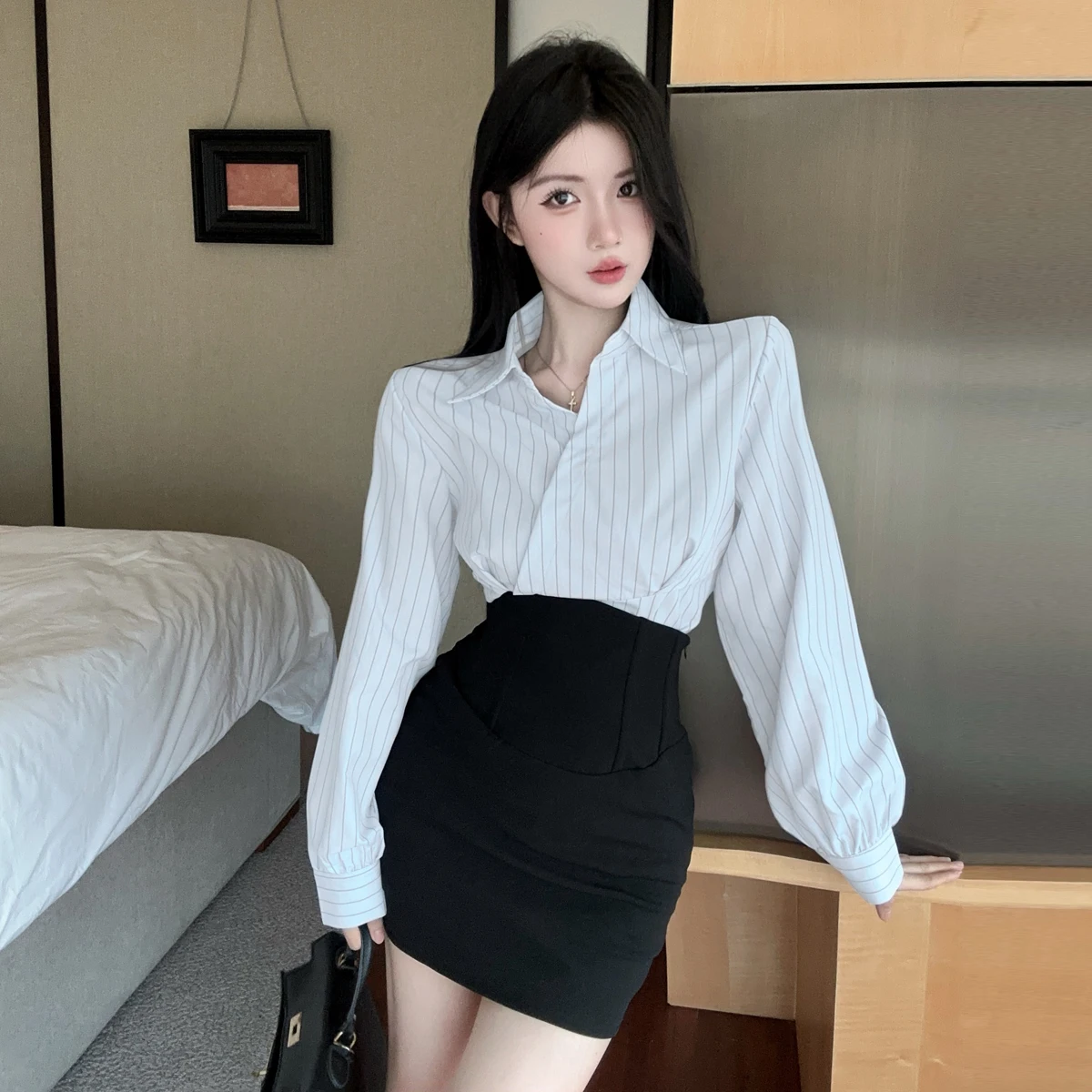 Pure Desire Spicy Girl V-ne Stripe Casual Profional irt Set Vita alta Fibone ort Gonna Autunno Inverno Faion Ense...