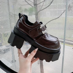 9CM Heels Buckle Casual Leather Shoes New 2025 Spring Women Chunky Sneakers Comfortable Pumps High Platform Walking Shoes Woman