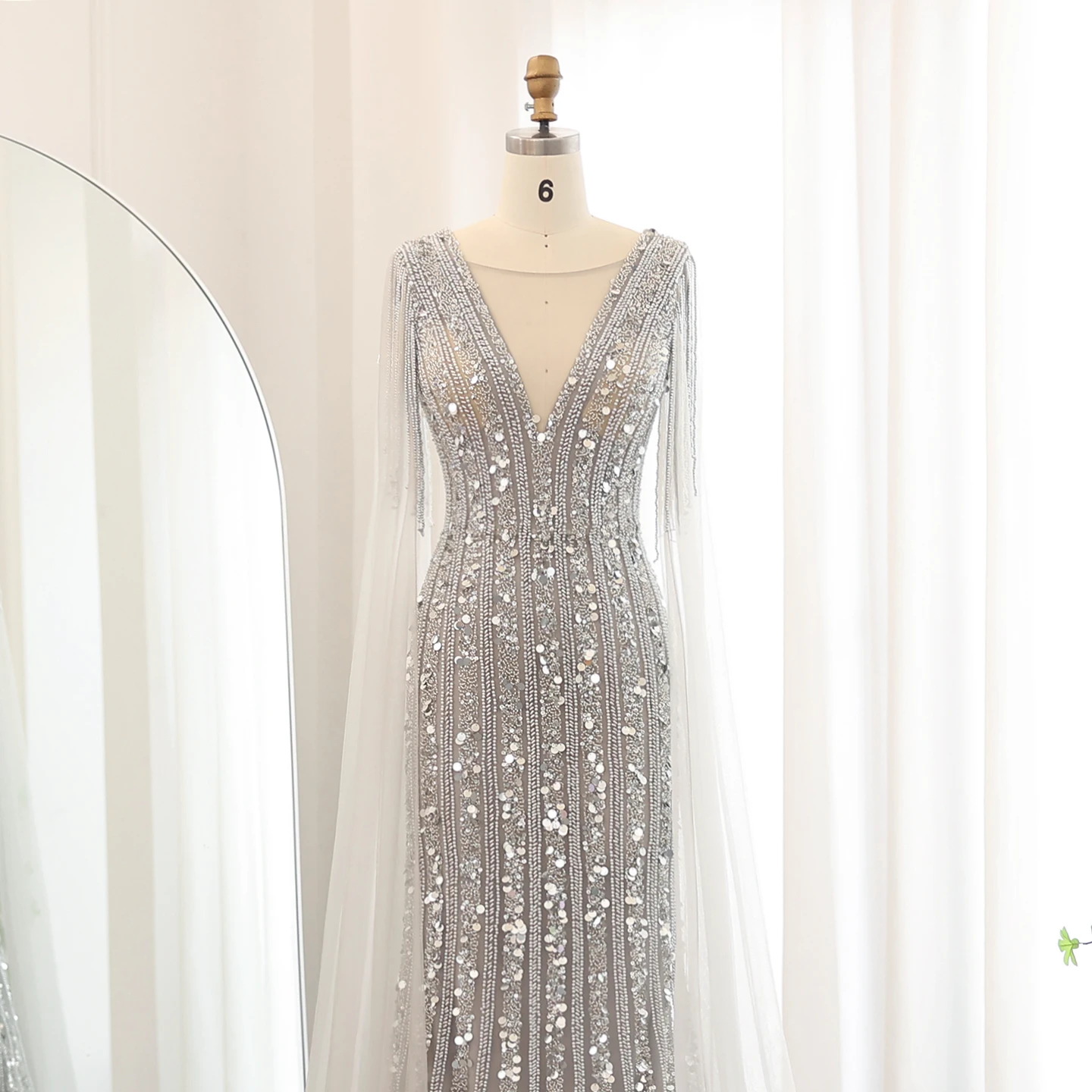 Sharon Said-Robe de Soirée de Forme Sirène pour Femme, Tenue de Luxe, Couleur Gris Argent, avec Manches Cape, Grande Taille, pour ixd'Invité de Mariage, Personnalisée, SS159