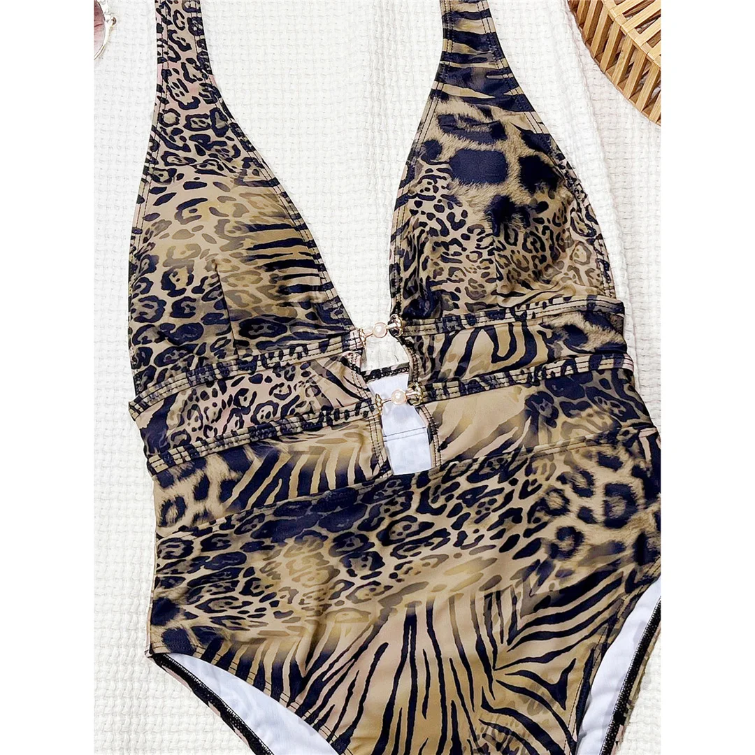 Tiger-Muster, tiefes V-Ausschnitt-Design, einteiliger Badeanzug für Damen, rückenfreies Modell, hoher Beinausschnitt, Badebekleidung, Badeanzug, Modell V7293. – Detail 25