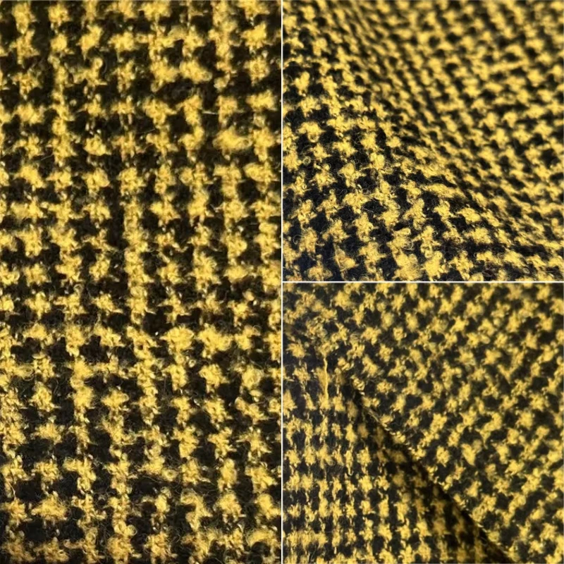Tela de Tweed de Lana Amarillo Mostaza de 100cm x 145cm, Patrón a Cuadros Vintage, Tejido Grueso, para Trajes, Blazers, Manualidades y Proyectos DIY