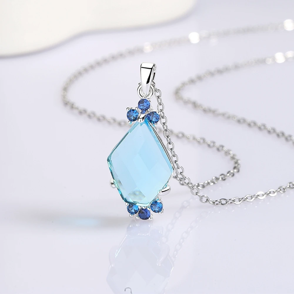 DreamCarnival1989 Delicate Aquamarine Pendant Necklace Women Pentagonal Zircon Wedding Party Sweater Jewellery Blue Tone WP7027