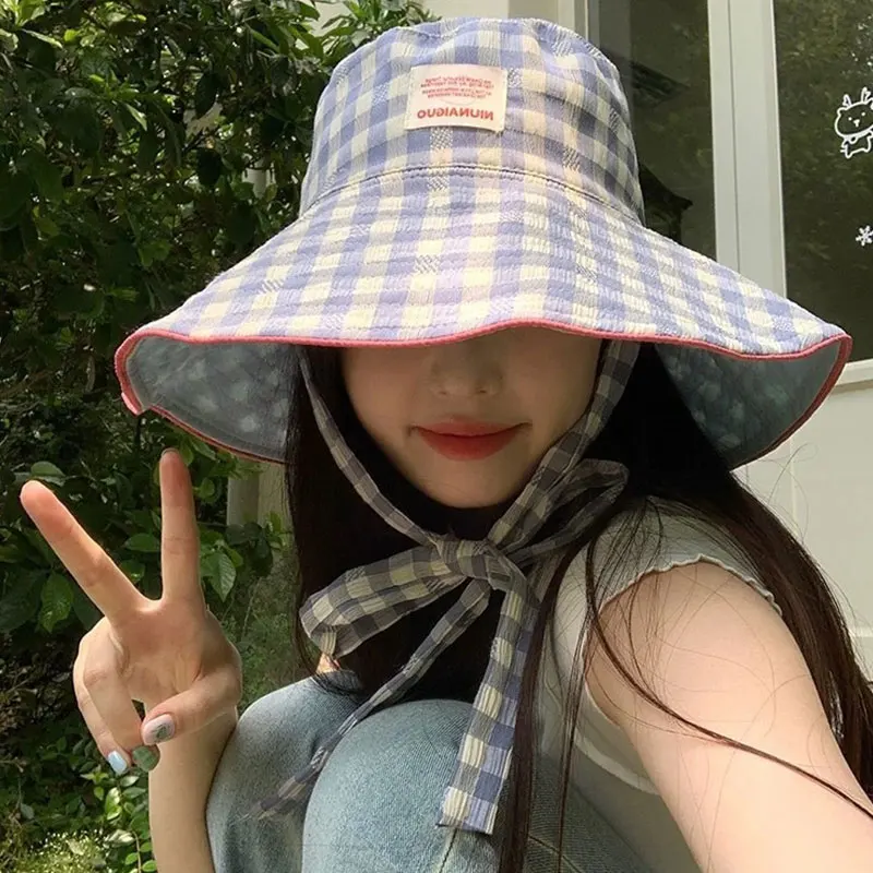 قبعة Buet ذات حافة كبيرة كاجوال منقوشة مقاومة للرياح قبعة صيفية للوجه للتخسيس قبعة واسعة للحماية من الشمس بتصميم لطيف للمهوية