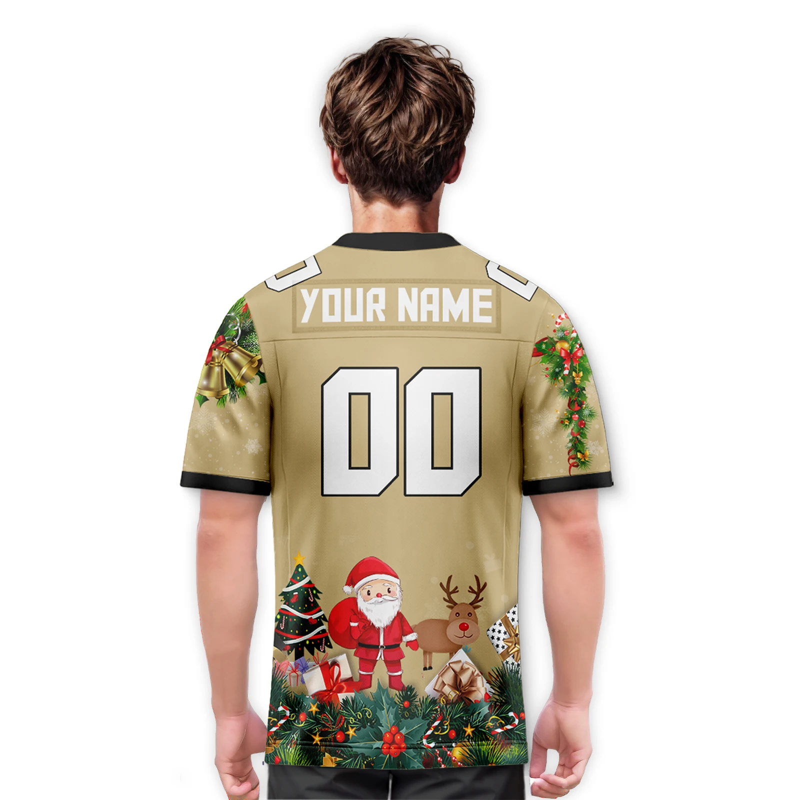 Light Gold Christmas Custom American Football Jersey Personalized Print Team Name Number Festive Gift for Men Women Youth Kids