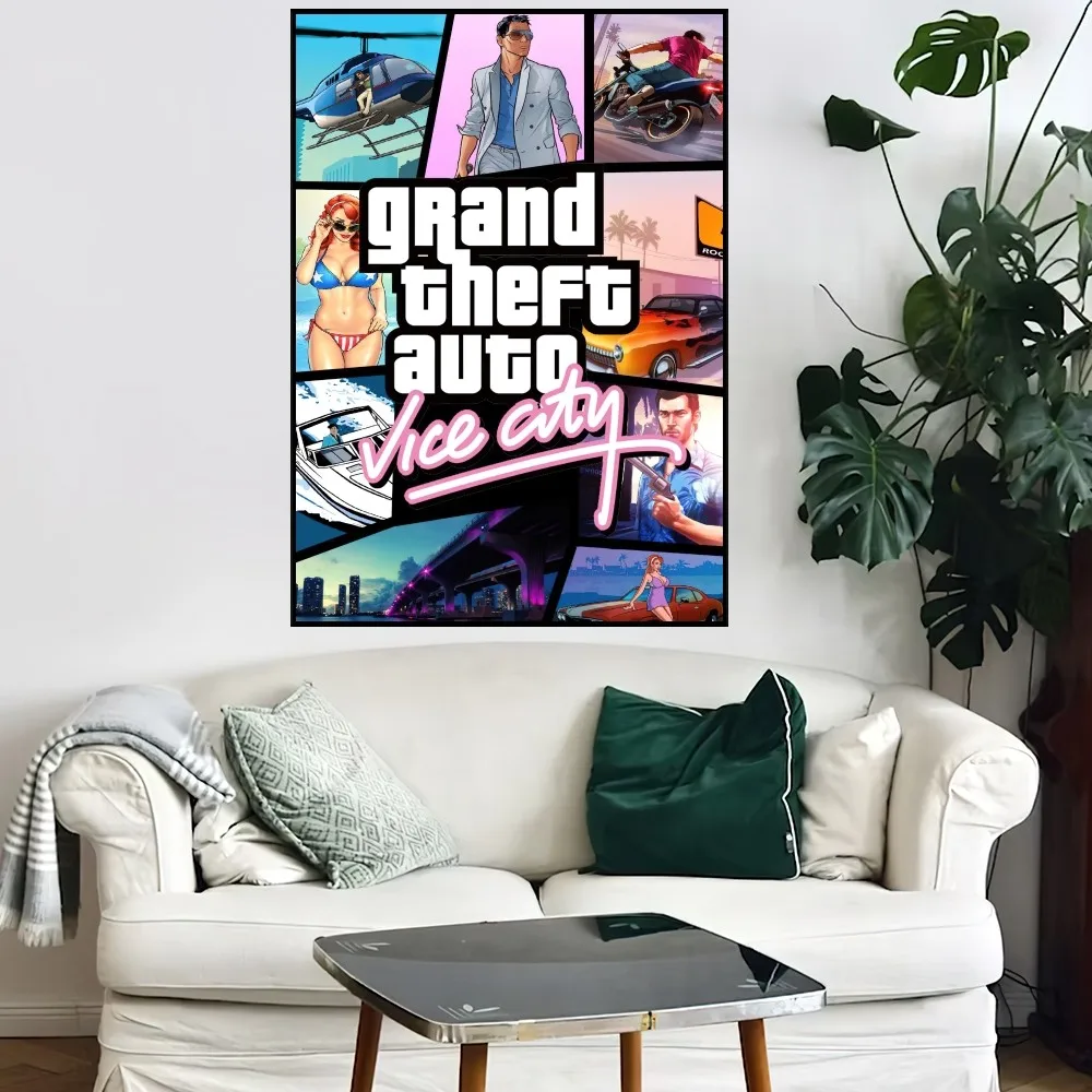 GTA 5 Grand Theft Auto Vice City Game Poster Small Bar Coffee House Decor Aesthetic Art Wall Painting Stickers Indoor