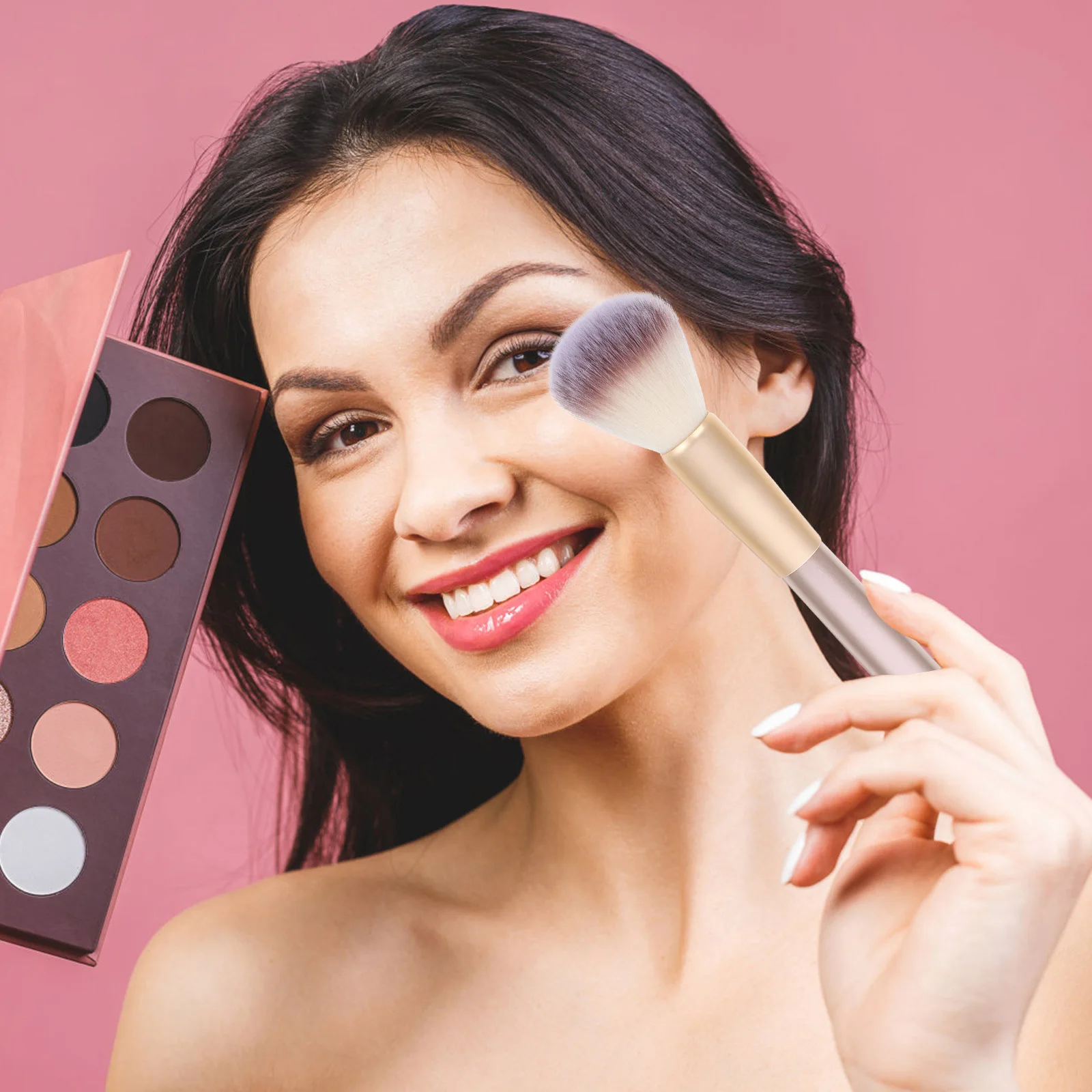 1 set di pennelli per trucco a ventaglio, strumento multiuso per trucco viso, per evidenziatore, fard in polvere, cosmetici, setole professionali in nylon, legno
