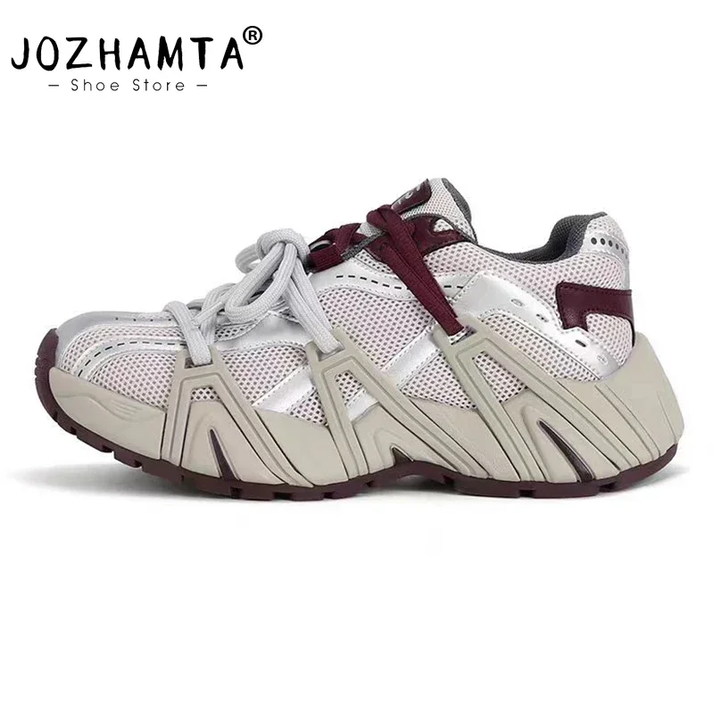 JOZHAMTA Breath Mesh Sneakers for Women Thick Heels Platform Shoes Casual Tennis Dress Srping 2025 Vintage Daily Size 35-40