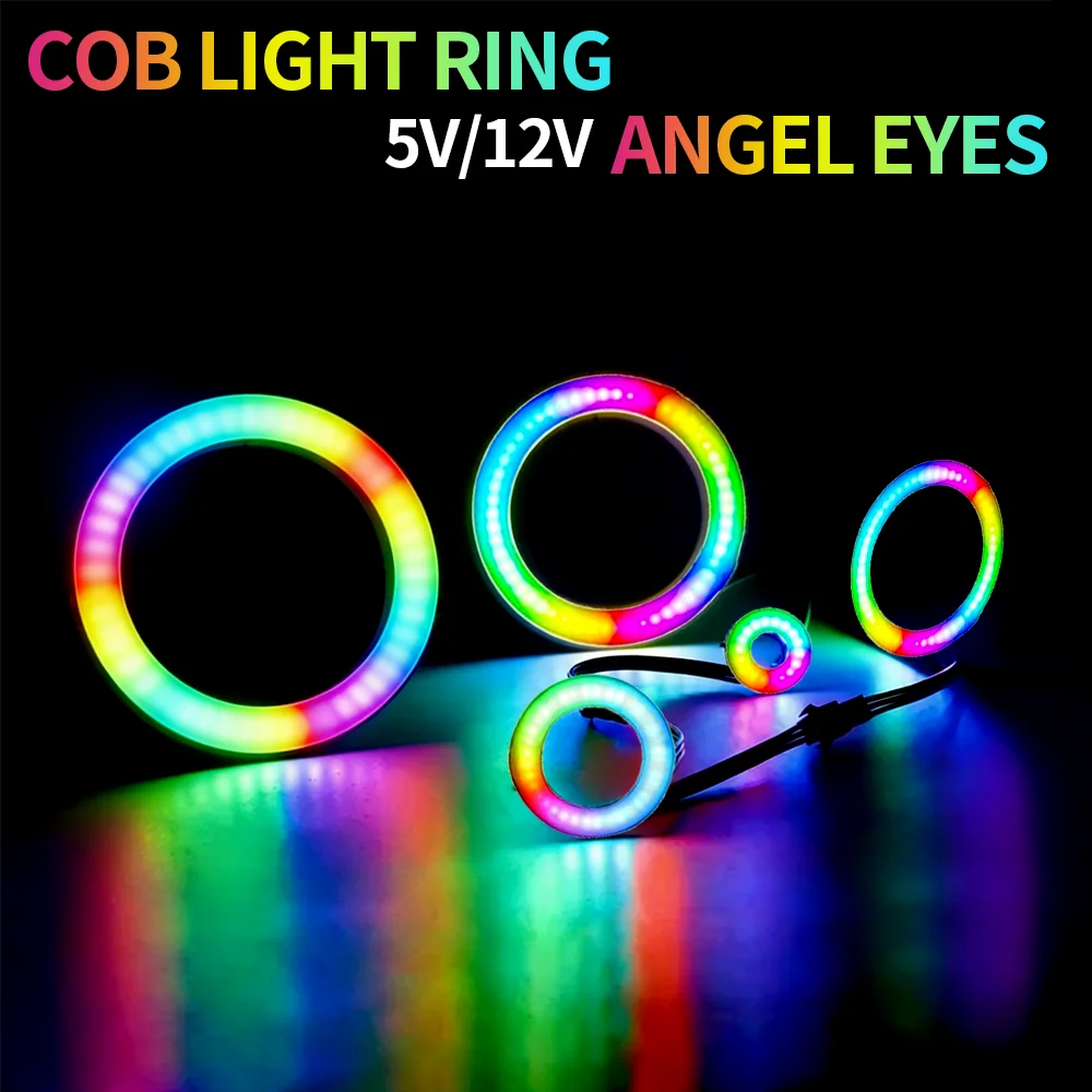 WS2812 COB LED Ring Light 5V/12V Individually Addressable Smart RGB Angel Eyes 27/48/72/96/120mm for Car Headlight Device Decor