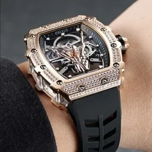 

OBLVLO Мужские автоматические часы 44 мм Tonneau Механические наручные часы Скелет Палец Циферблат Сапфир 50 м Водонепроницаемые светящиеся