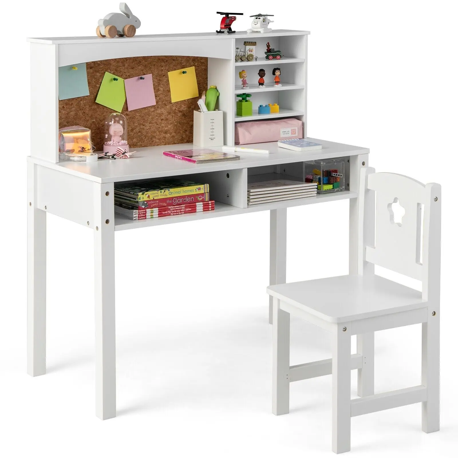 GOFLAME Kids Desk and Chair Set, Student's Study Table with Chair, Hutch, Cork Bulletin Board, Bookshelf & Drawers