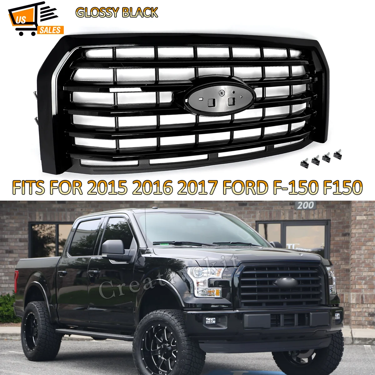 Front Radiator Grille Assembly Replace For 2015 2016 2017 Ford F150 F-150 Front Bumper Upper Grilles ABS Glossy Black Horizontal