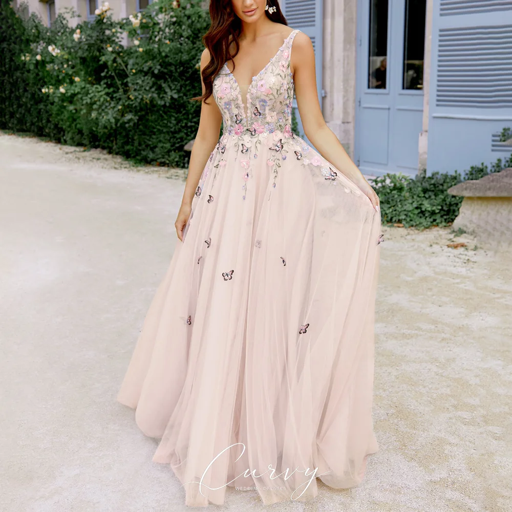 Curvy Romantic Deep V‑Neck Sleeveless A‑Line Wedding Dresses for Women Butterfly Floral Applique Tulle Garden Wedding Party