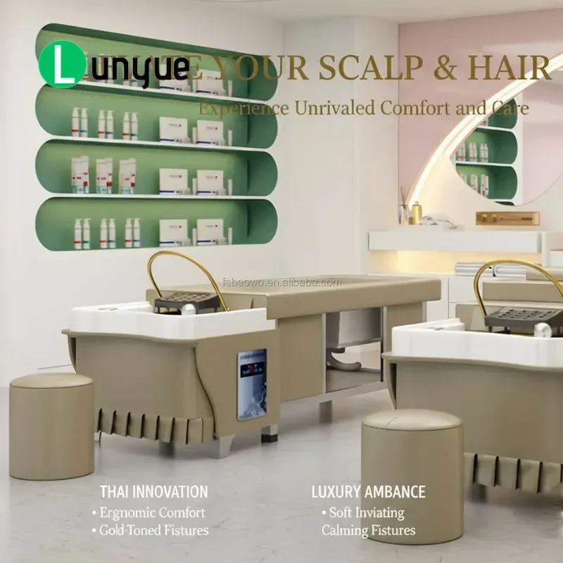 Multifunctional Japanese Head Spa Shampoo Bed with LED Thai Massage Leather Cushion Wooden Frame for Beauty Center