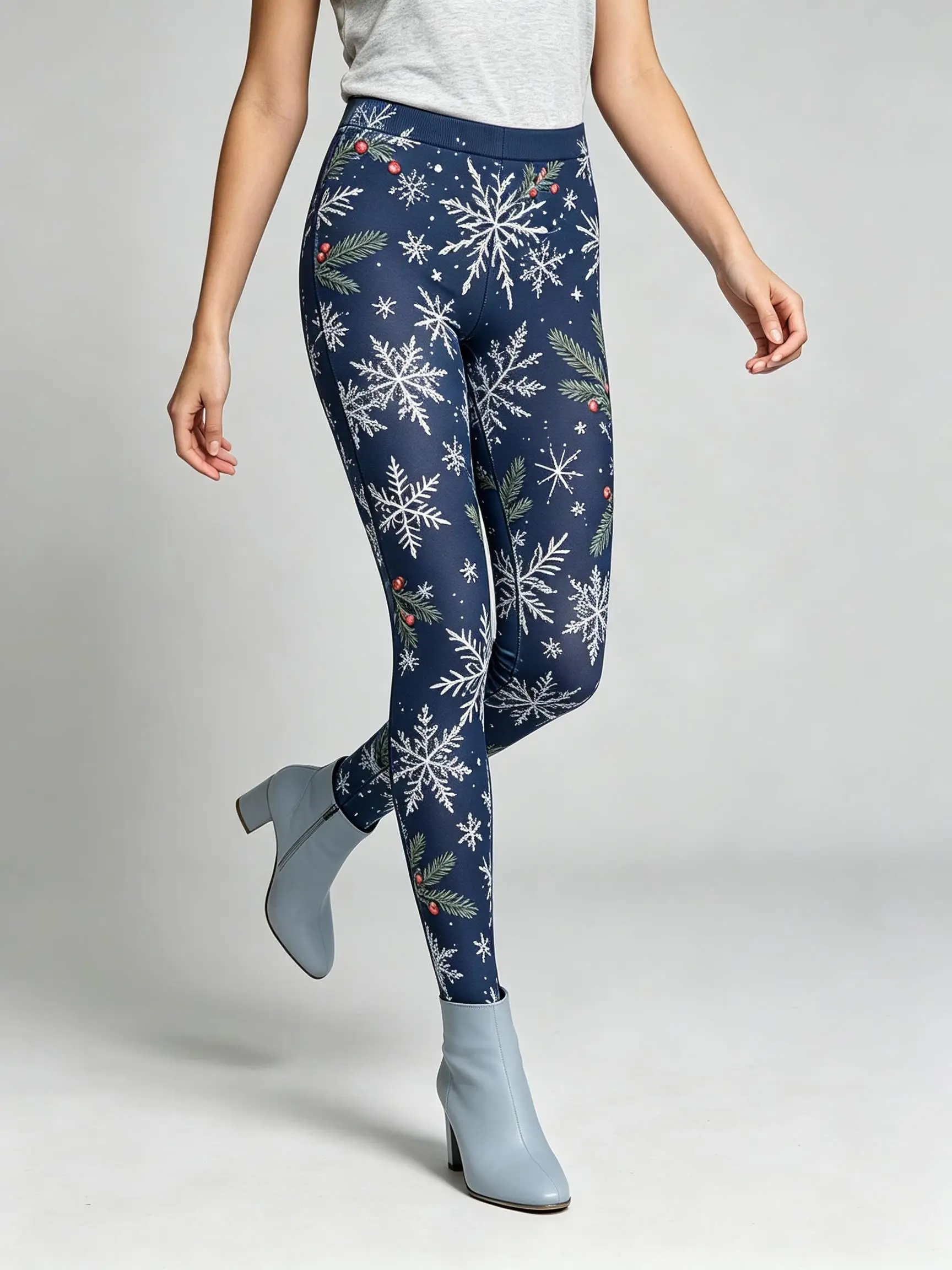 Women Fleece-Lined Mid-Rise Leggings Christmas Snowflake Holly Print Slim Warm Casual Pants