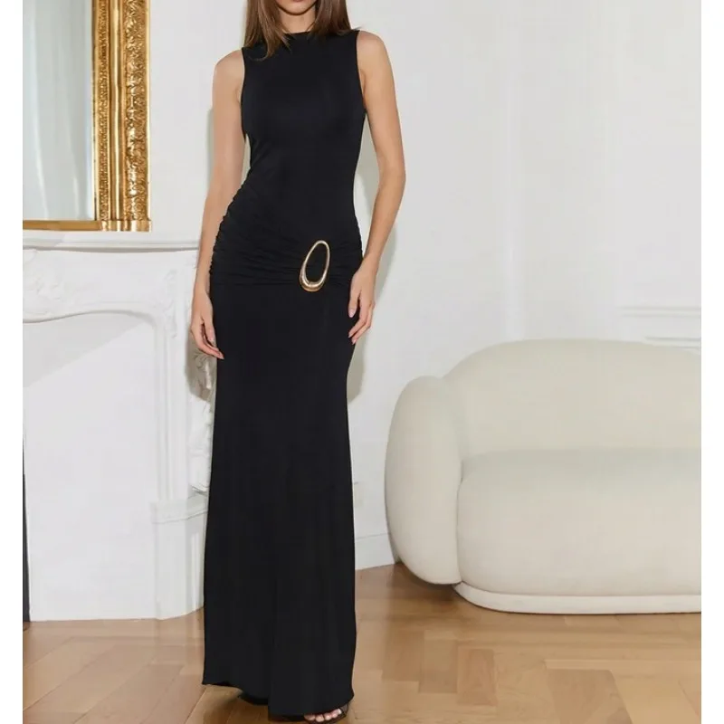 

2026 Spring and Summer New Women's Clothing Fashion Round Neck Kinked Waist Sexy Backless Hip-wrapped Dress Women