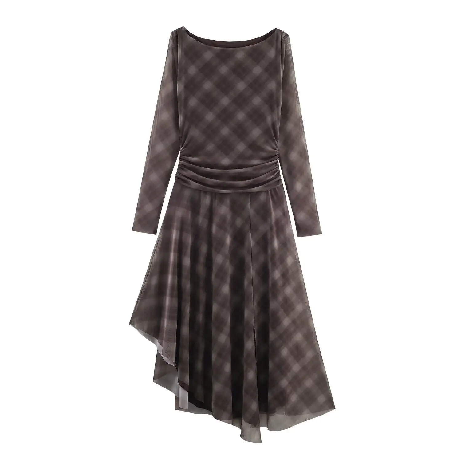 

European and American sexy autumn new fashion trend women's irregular pleated temperament slim plaid tulle holiday dress