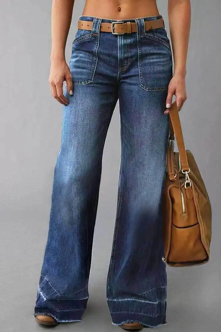 

Women's Patchwork Flare Jeans - Trendy 2024 Distressed Denim Pants with Slimming Wash