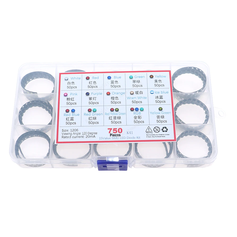 1206 SMD LED Diode Assorted kit White warm orange pink purple RGB Red Green Blue yellow 750pcs 15Value x 50pcs