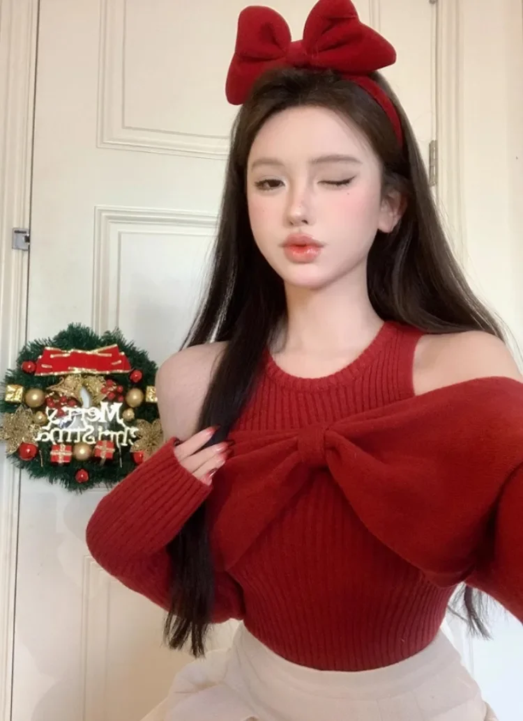 Korean New Fashion Sweater Women Clothes 2024 Fall Winter Woman Sweaters Two Piece Knitted Pull Femme Y2K Off Shoulder Bow Tops