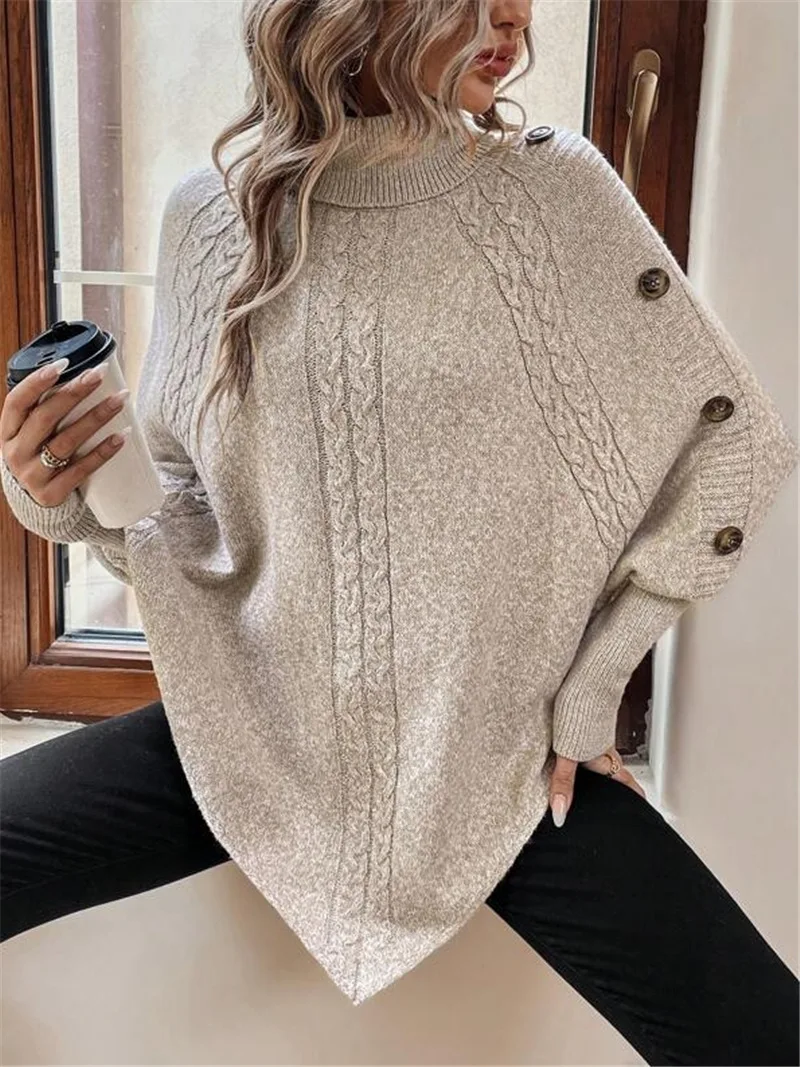 New Autumn Winter Women's Twisted Sweater Turtleneck Button Bat-sleeve Design Sense Streetwear Pullover Women Personality Top