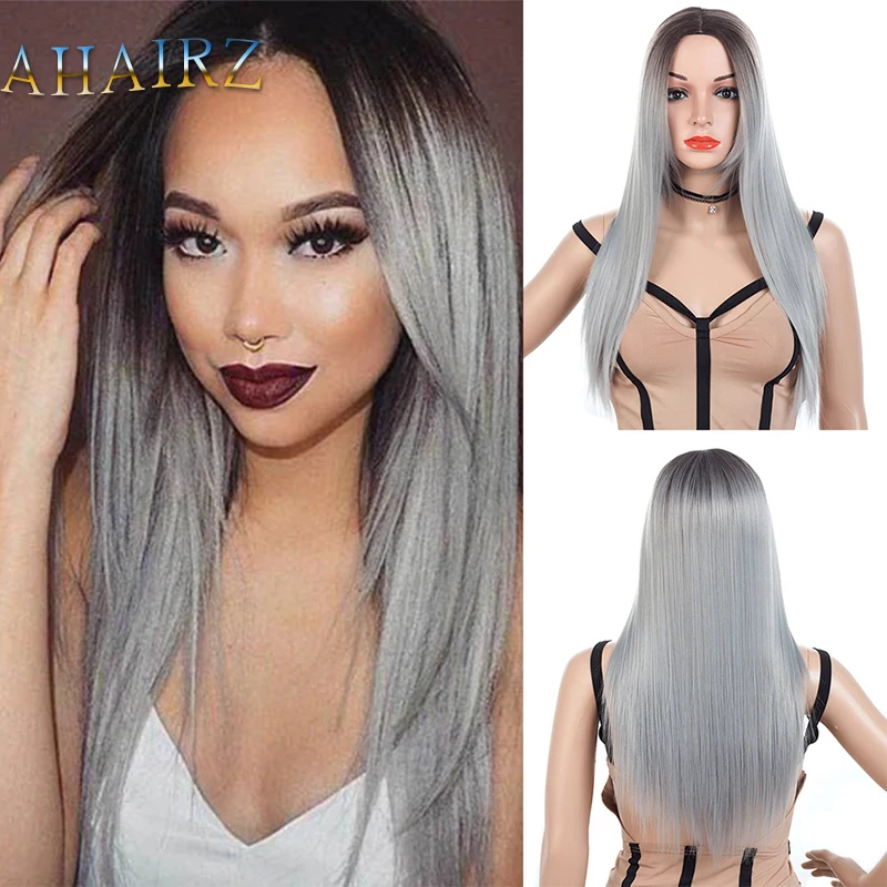 

Synthetic Long Straight Wigs Gradient Grey Wigs with Middle Part Bangs for White Women Daily Party Heat Resistant Fake Hair