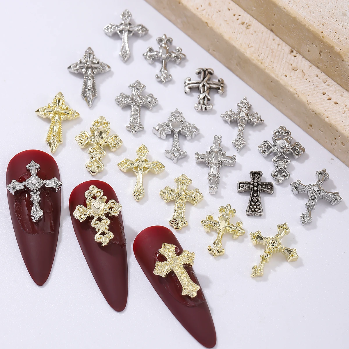 60 pcs gold and silver punk wind vintage cross nail trim, alloy rhinestone, y2k metal style DIY nail styling trim