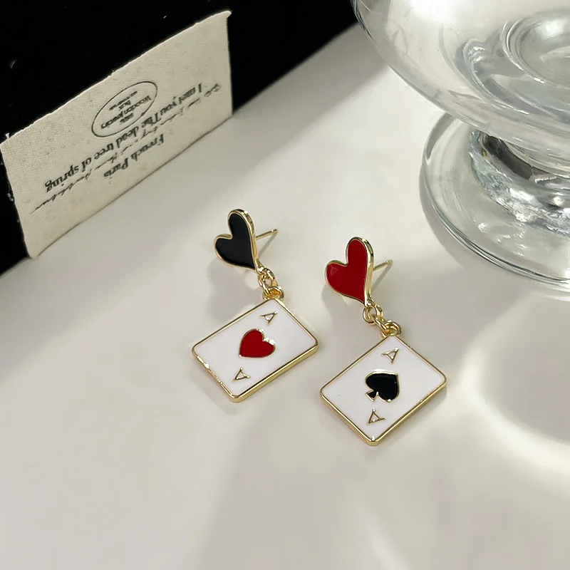 Creative Poker Ace Stud Earrings Hearts Spades Cards Asymmetry Mini Men Earrings Gifts For Women Girls Jewelry Unique Design