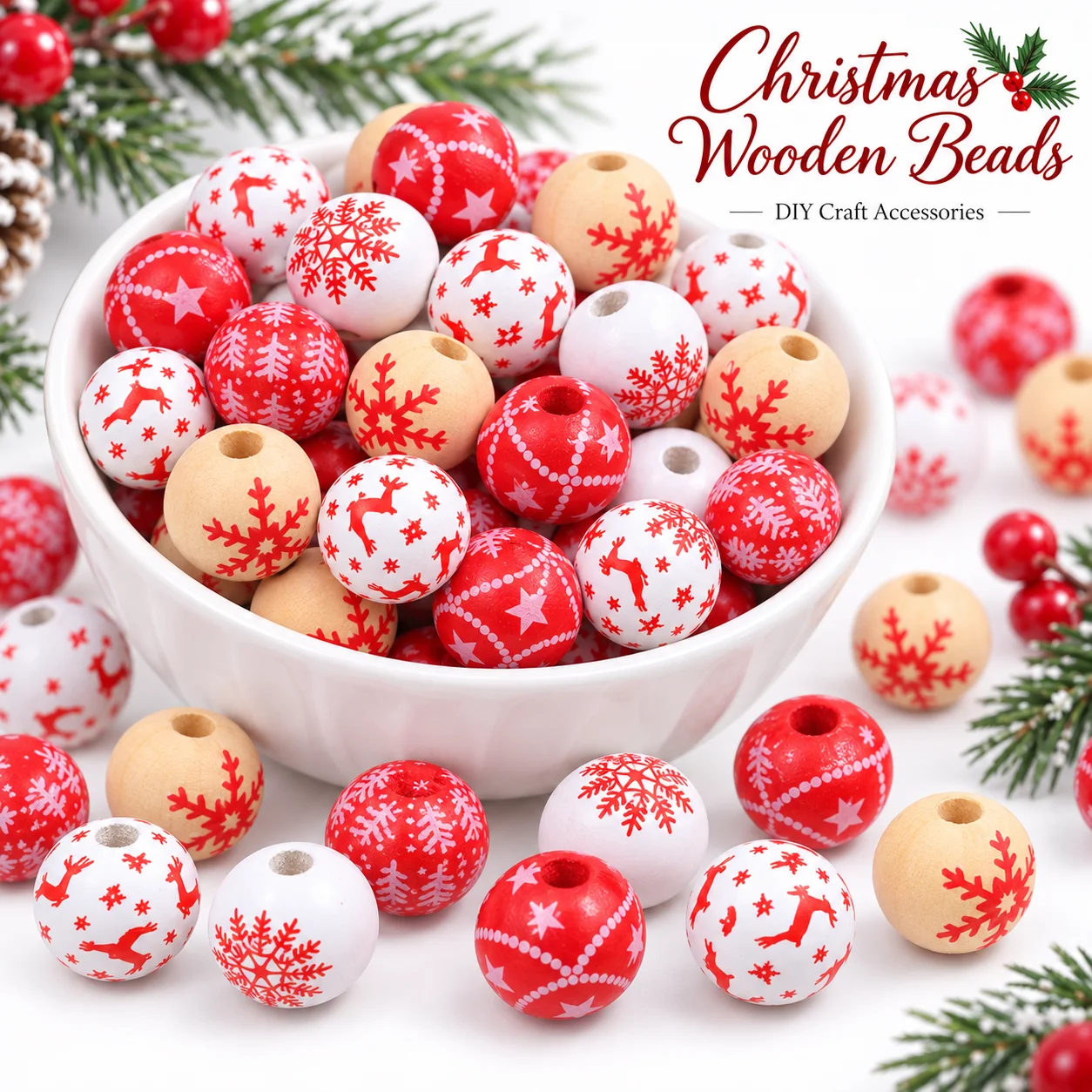 16mm 10-piece set of wooden beads with red white backgrounds various styles for handmade DIY jewelry Christmas party accessories