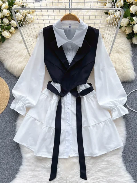 Wiosna Autumnt New Fashion Casual Suit Female Korean Loose White Shirt Short Vest Slim Girl Dwuczęściowy zestaw Tops Y016