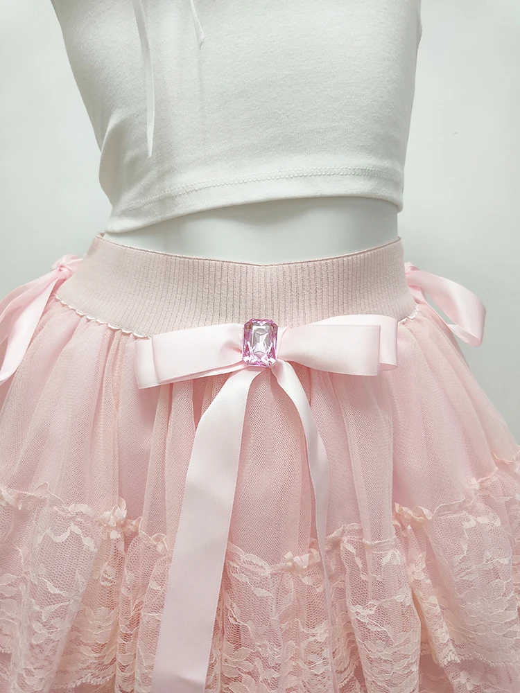 Pink Multilayered Lace Skirts for Sweet Girls Summer Bows Decoration Elastic Waist Lolita Style Cute Skirt Kawaii Clothes