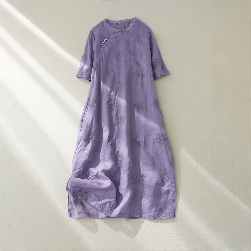 Ele Algodão Linho Dr Bordado Roxo Feminino Midi Dr Clássico Chinês Sle Rejuvenescedor Design Artístico