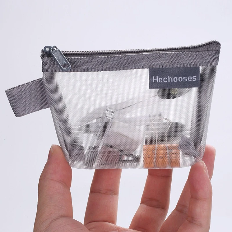 Pequena malha de náilon sacos cosméticos feminino mini batom claro maquiagem bolsa linha dados chave fone de ouvido organizador caso