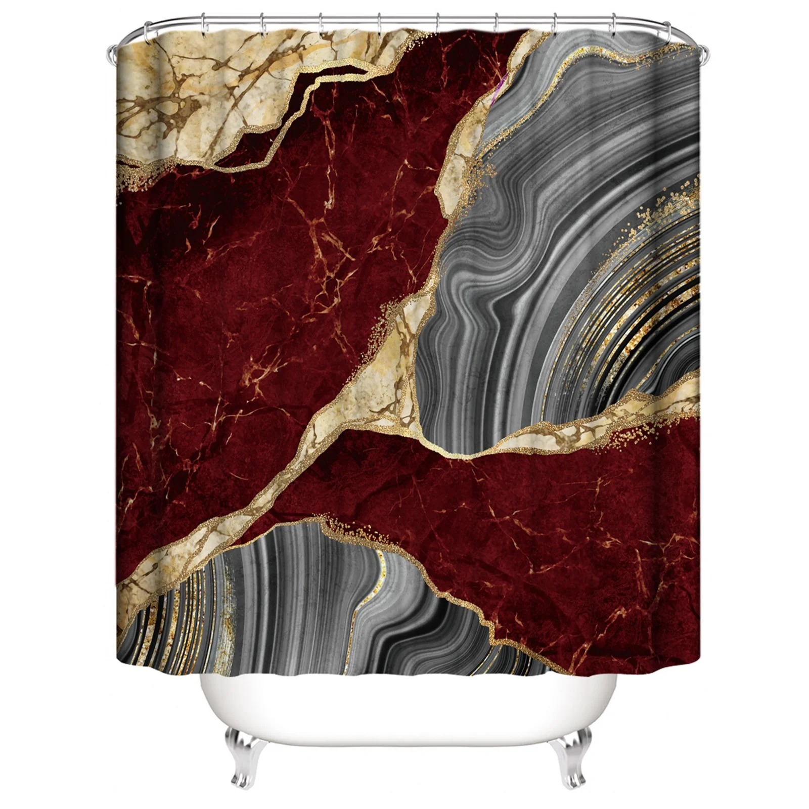 1Pc wine red marble shower curtain set, gold crack line gray abstract bathroom decoration modern art waterproof 71x71 inches