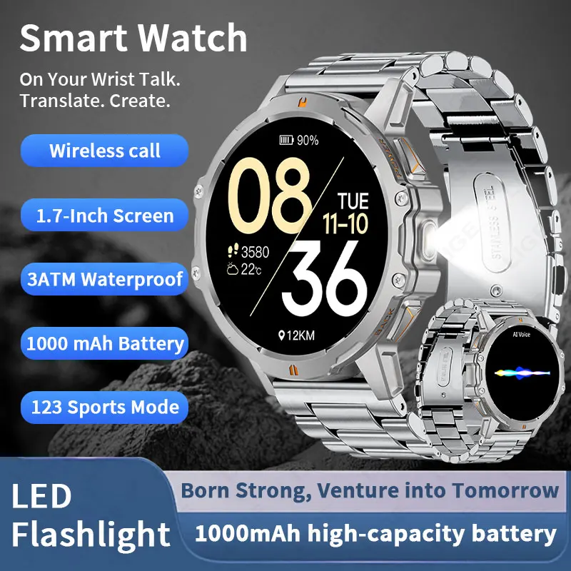 

LIGE GPS трекер Смарт-часы 3ATM Водонепроницаемые 1,7-дюймовый HD-экран BT Фонарик для вызова Военный аккумулятор 1000 мАч Спортивные умные часы для мужчин