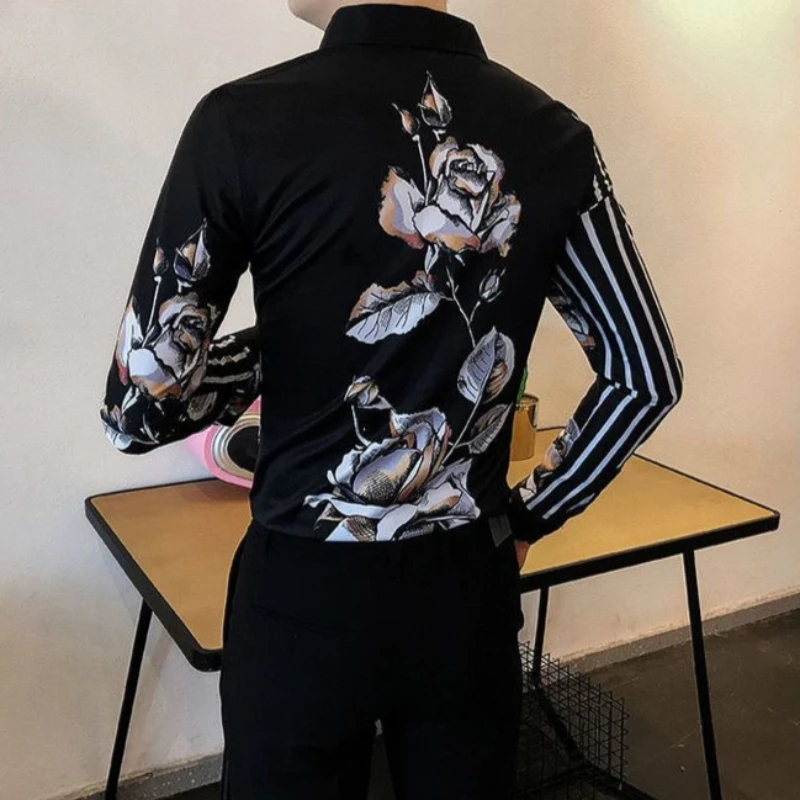 

Мужская приталенная рубашка с длинным рукавом и цветочным принтом, модная корейская тенденция 2026 года для молодых парикмахеров и стилистов