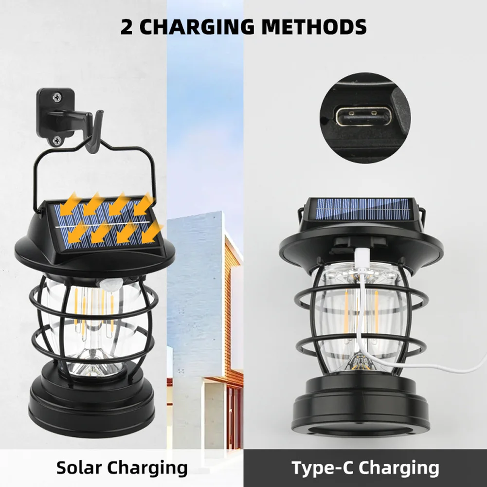 โคมไฟตั้งแคมป์พลังงานแสงอาทิตย์ชาร์จไฟได้ Type-C IP65กันน้ำ lampu SOLAR dinding สำหรับทางเข้าสวนลานบ้าน