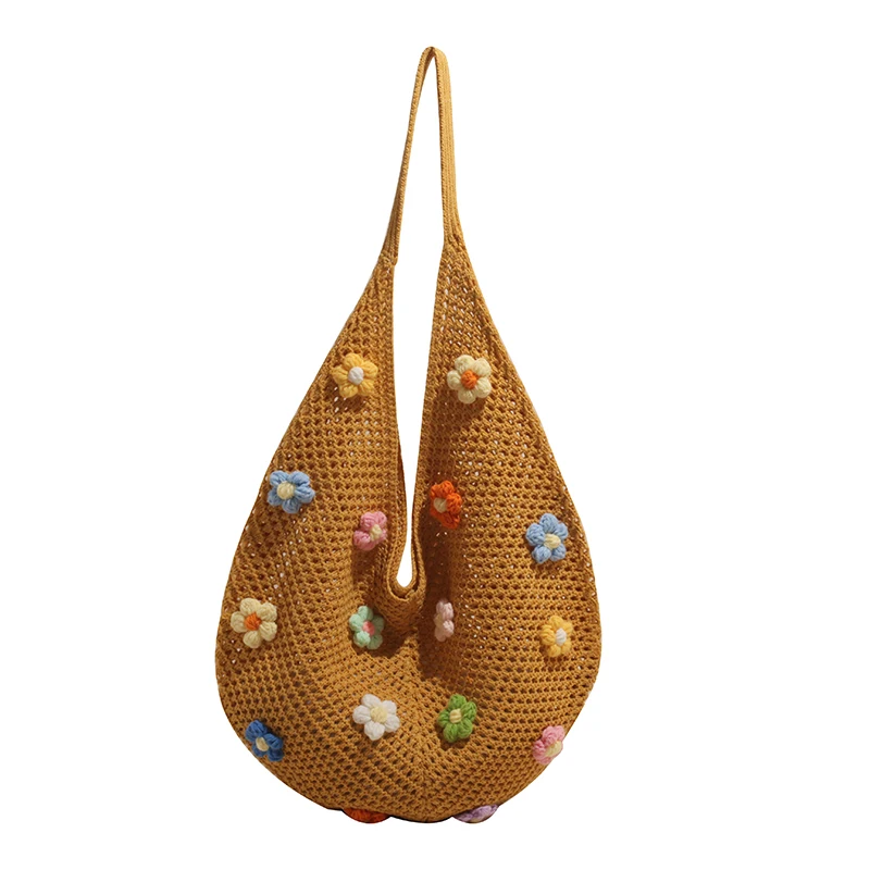 

Women Flower Knitted Shoulder Bag Hollow Out Handbag Large Capacity Handwoven Hobo Bag Casual Top Handle Bag Outdoor Travel Bag