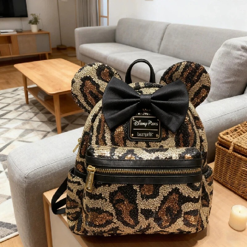 

New Disney Loungefly Mini Backpack With Leopard Print Sequins And Bow Design Casual Backpack Gift