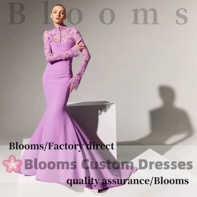 

Blooms Customized Beaded Flower Lace Mermaid Prom Dress Long Sleeve Buttons Crepe Elegant Evening Dress Wedding Formal Gown