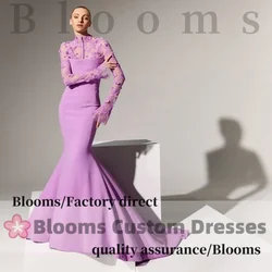 Blooms Customized Beaded Flower Lace Mermaid Prom Dress Long Sleeve Buttons Crepe Elegant Evening Dress Wedding Formal Gown