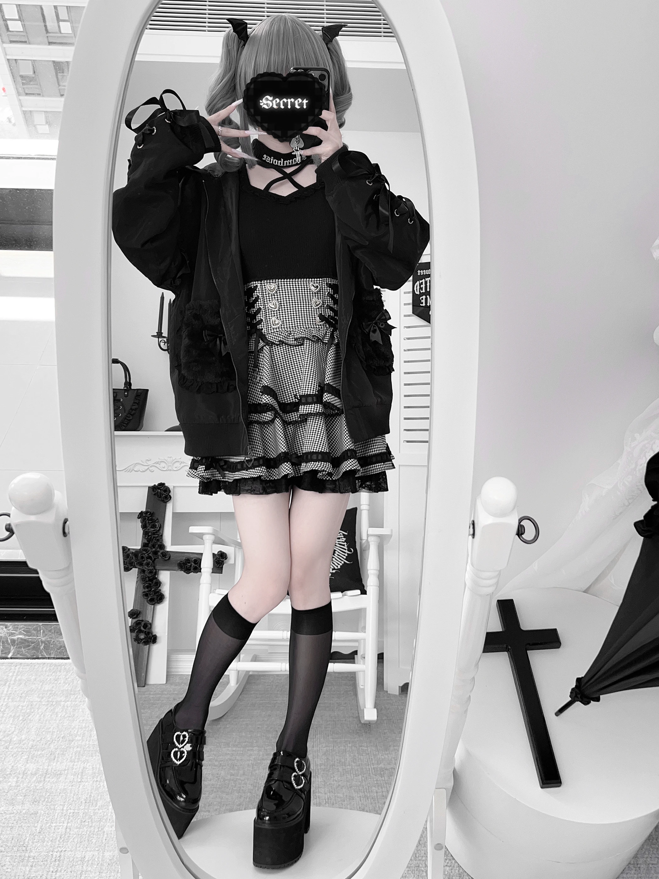 Kurtka Y2K czarno-biała, estetyka Harajuku, kawaii, rozpinana bluza z kapturem, słodka, cool, luźna bluza dla dziewczyn/kobiet