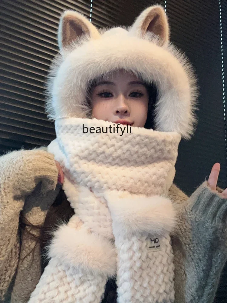 Fox ears hat women's scarf integrated autumn and winter cute winter warm scarf three-piece set