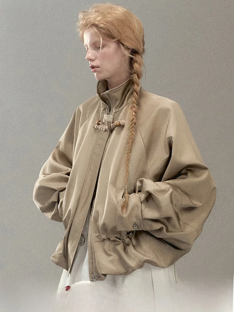 

Genesis Buds Blossom 2025 New Sle ort Satin Coat Jaet Women's Stand Collar Flower Bud Sve Zipper Closure Color