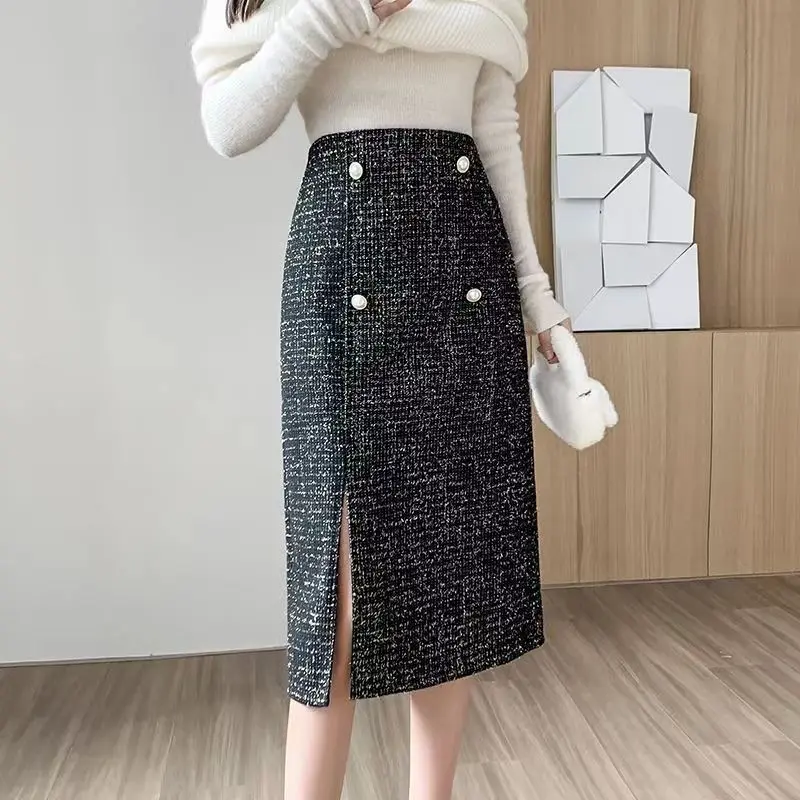 Autumn Winter New Vintage Small Skirt Length High Waisted A Line Skirts Half Length Skirt for Women Split Mid Length Skirt M176