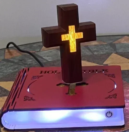 

Levitating Cross Lamp Faux sheepskin Bible pedestal Bedroom decor Personalized gift Bible cross